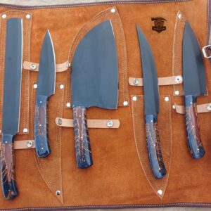 5 Piece Hand Forged Kitchen Knife Set with Pinecone Handle & Leather Roll