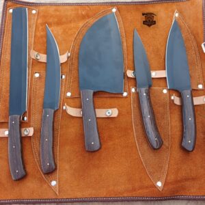 5 Piece Hand Forged Kitchen Knife Set with Wanqy wood Handle & Leather Roll.