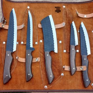 5 Piece Hand Forged Kitchen Knife Set with Wanqy Wood Handle & Leather Roll.