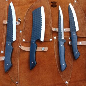 4 Piece Hand Forged Kitchen Knife Set with Black Micarta Handle & Leather Roll.