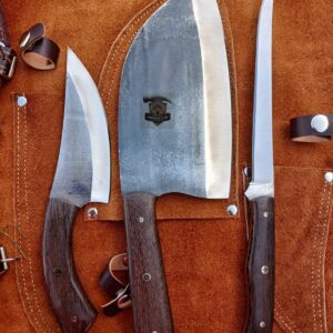 3 Piece Hand Forged Kitchen Knife Set with Wanqy Wood Handle & Leather Roll